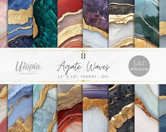 Agate Waves Marble Gold Texture Abstract Scrapbook Paper | Digital Paper Pack | Printable Backgrounds | Instant Download | Craft