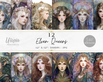 Elven Queens Scrapbook Paper | Fantasy Art Elves Women Beautiful Elf Mystical | Digital Paper Pack | Printable Backgrounds