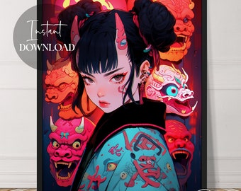 Oni Girl Demon Anime Style Art | Anime Girl | Instant Download | Fantasy | Beautiful | Female Art | Printable | Downloadable | Digital