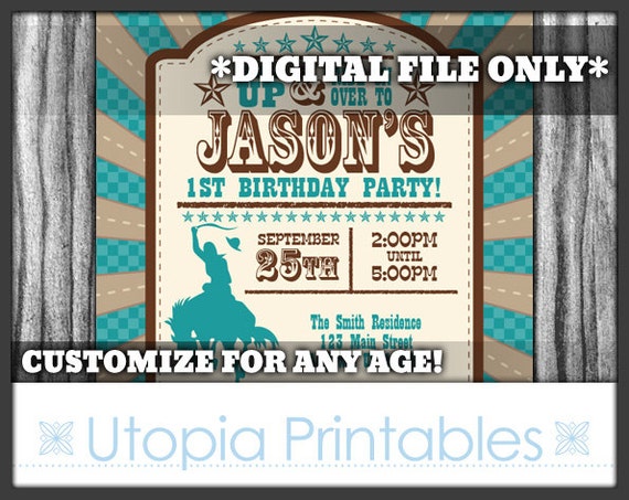 Cowboy Birthday Invitation 1st First Birthday Bucking Horse Bronco Bronc Riding Country Western Party Digital Printable Teal Brown Blue 5x7 Il_570xn