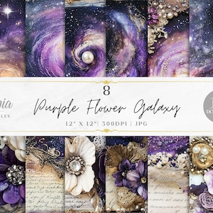 Scrapbookpapier met paarse bloem Galaxy | Bloemen Nacht Heelal Sterren Fantasie | Digitaal papierpakket | Afdrukbare achtergrond | Direct downloaden