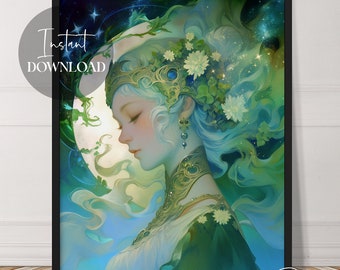 Green Moon Goddess | Fantasy Art | Instant Download | Whimsical | Beautiful | Female Art | Printable | Downloadable | Digital