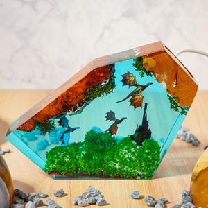 SALE 50% PREMIUM Flying Dragon Resin Lamp, Handmade Fantasy Night Light with Forest & Castle Scene, Gift for Dragon Lovers, Gamer Room Decor