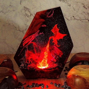 PREMIUM Fire Dragon Resin Lamp – Handmade Fantasy Night Light, Dragon Breath Diorama for Gamer Room Decor, Epic Mythical Creature Gift