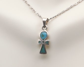 Ankh key of life sterling silver pendant necklace with Turquoise ancient Egyptian Jewelry. Pendant only or pendant and 18" link chain.