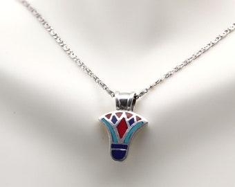 Lotus silver flower pendant Pharaonic ancient Egyptian jewelry necklace pendant inlaid with gemstones. Pendant only or with 18" link chain.