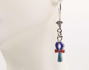 Sterling silver Egyptian Ankh earrings, Ankh Jewelry, Multi-gemstone inlaid earrings.