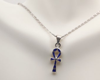 Ankh key of life sterling silver pendant necklace inlaid with Lapis ancient Egyptian Jewelry. Pendant only or pendant and 18" link chain.