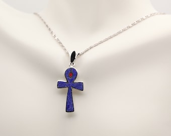 Collar con colgante de plata de ley con llave de la vida Ankh y piedras preciosas, joyería egipcia antigua. Sólo colgante