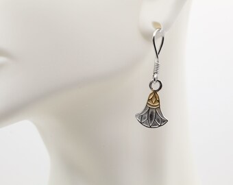 Lotus silver flower earrings Pharaonic ancient Egyptian jewelry earrings with little gold plating.