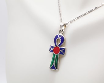 Ankh key of life sterling silver pendant necklace with gemstones ancient Egyptian Jewelry. Pendant only or pendant and chain.