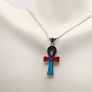 Ankh key of life sterling silver pendant necklace with gemstones ancient Egyptian Jewelry. Pendant only or with 18&quot; link chain