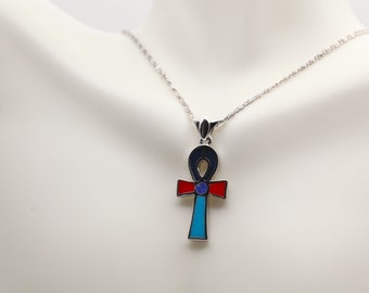 Ankh key of life sterling silver pendant necklace with gemstones ancient Egyptian Jewelry. Pendant only