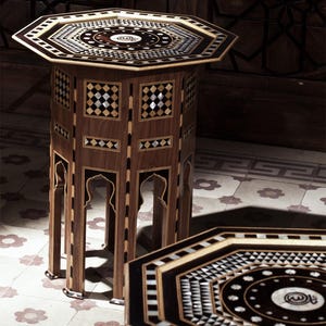 Pair of high end vintage Levantine Middle Eastern octagonal tables inlaid with mother of pearl, eboney and bone