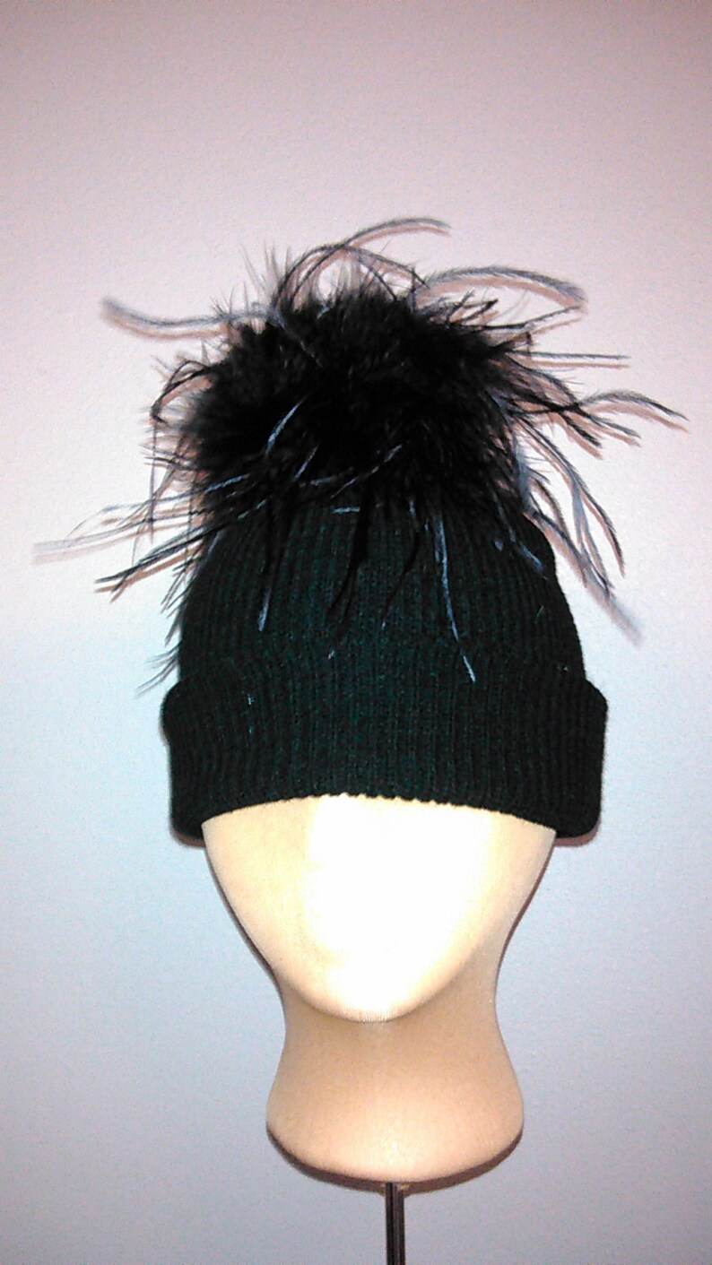 Black Ostrich Feather Embellished Black Ski Hat Beanie