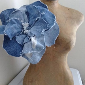 Repurposed Very Distressed Ripped Frayed Light Denim Magnet Brooch Pin