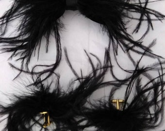 Black ostrich feather bow tie and cuff links set