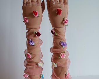 Derby Prom flesh sheer pink floral embellished opera gloves