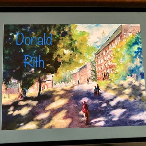 May include: A watercolor painting of a street scene with a brick building, trees, and people walking. The painting is signed "Donald Rith" in the upper left corner.