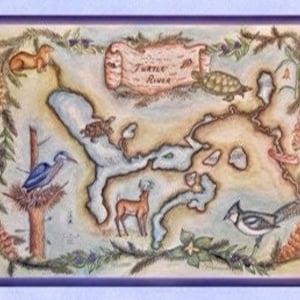 May include: A hand-drawn illustration of a lake with a deer, a bird, a turtle, and a squirrel. The lake is surrounded by trees and flowers. The text "June River" is written on a scroll.