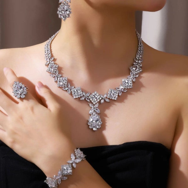 genious 4-Piece Cubic Zirconia Bridal Jewelry Set | Dubai Nigeria Crystal Wedding Jewelry