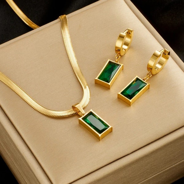 DIEYURO Stainless Steel Square Green Crystal Zircon Jewelry Set