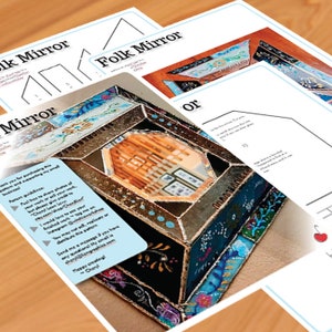 May include: A Folk Mirror pattern with a geometric design is displayed with several printed pages. The main mirror is a rectangular box with a mirrored interior and ornate, colorful floral patterns. The text "Folk Mirror" is visible on the pages.