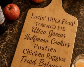 Lovin' Utica Food Engraved Paddle Cutting Board, Utica NY, Personalized Cutting Board, Unique Kitchen Gift, Hometown Gift