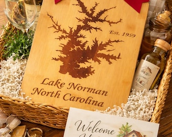 Real Estate - Housewarming Gift - Lake Norman Engraved Cutting Board, Wooden Medium Board, North Carolina Lake Map
