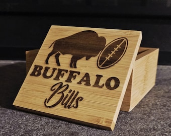 Buffalo Bills Engraved Bamboo Coaster Set, NFL Coasters, Football Fan Gift, Bamboo Drink Coasters, Sports Home Decor