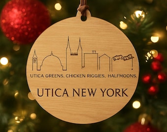 Utica Skyline Engraved Wooden Ornament of Utica, New York