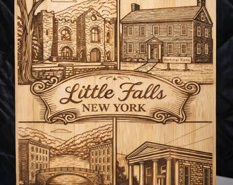 Little Falls Landmarks Engraved Cutting Board, Historical Places Collage, Wood Kitchen Decor