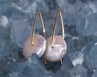 Flat Pearl on Handmade Hammered Hook - Minimalist Pearl Earrings - June Birthstone Earrings