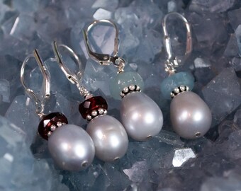 Garnet or Aquamarine and Pearl Earrings - Elegant Minimalist Pearl Earrings - Sterling Silver Earrings