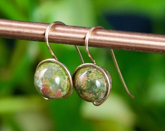Handmade Unakite Orb Earrings - Quirky and Unique Dangle Orb Earrings - Pink and Green Stone Earrings
