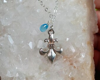 Fleur De Lis Necklace - Swiss Blue Topaz Charm Necklace - Unique Elegant European French Handmade Necklace