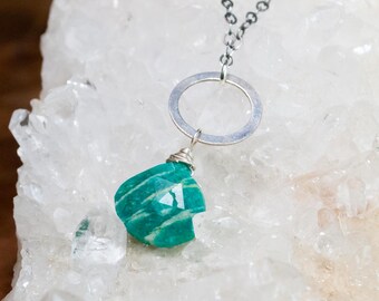 Amazonite Drop Necklace - Stunning Ocean Gemstone Pendant Necklace - Unique Handmade Amazonite Sterling Silver Ring Necklace