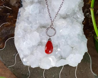 Simple Carnelian Circle Drop Pendant Necklace - Handmade Oxidized Sterling Silver Carnelian Necklace