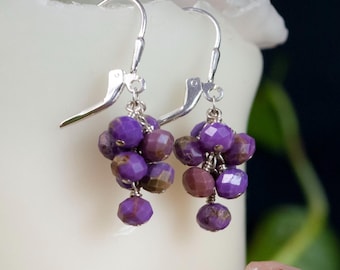 Handmade Phosphosiderite Grape Cluster Earrings - Unique Purple Gemstone Artisan Earrings