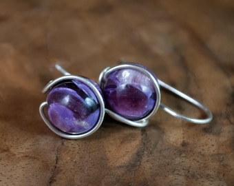 Handmade Charoite Orb Earrings - Minimalist and Colorful Dangle Stone Earrings