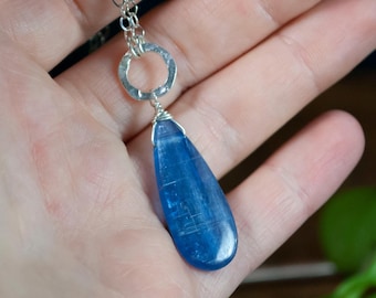 Dainty Kyanite Pendant Necklace - Handmade Blue Circle Drop Sterling Silver Necklace - Part of Matching Set