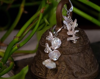 Keshi Bell Earrings - Silky Keshi Pearl Cascade Earring - Handmade White Pearl Sterling Silver Earring