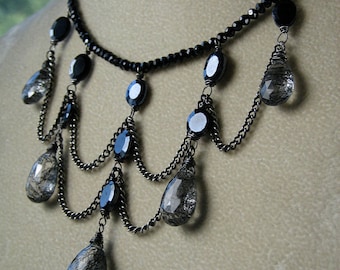 Black Tourmalinated Quartz  Victorian Necklace