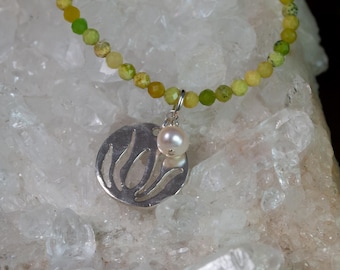 Resilience Necklace - Elegant Beaded Green Opal and Pearl Necklace with Sterling Silver Lotus Charm