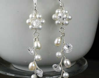 Freshwater Pearl and CZ Floral Branch Earring