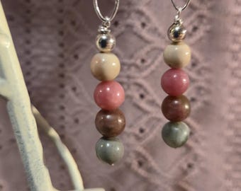 Mixed Gemstone Drop Earrings: Sterling Silver Rhodonite & Jasper