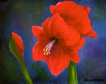 Red Amaryllis Oil Painting: Small Floral Art, 8x10 Canvas