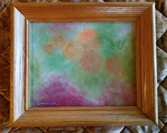 Small Floral Oil Painting – Peach, Pink, and Cranberry, Hardwood Frame