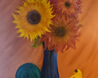 Goldfinch & Flowers Oil Painting