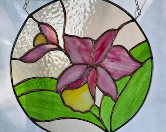 Pink Orchid Round Stained Glass Window